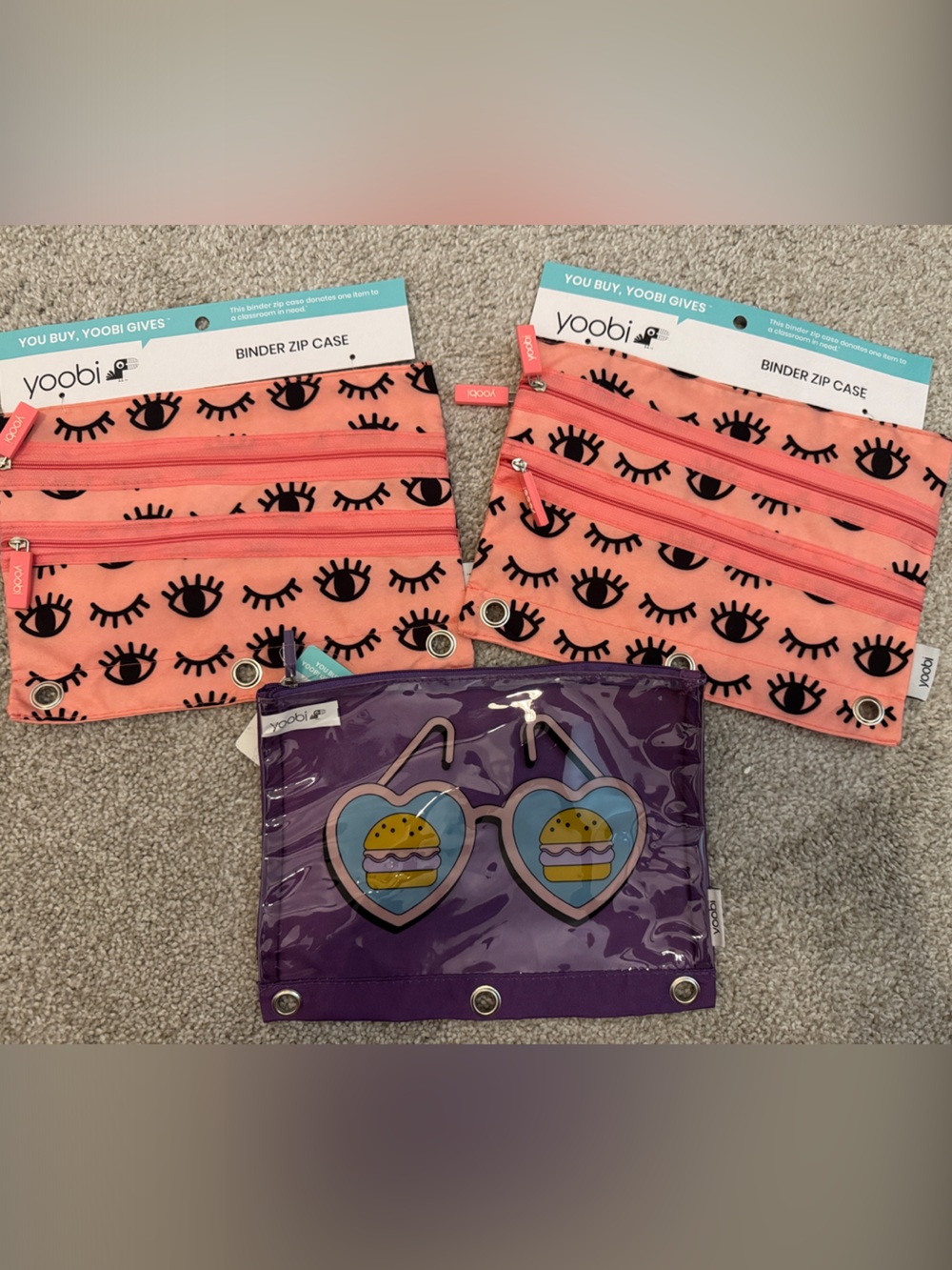 Yoobi Peach Eyelash Binder Zipper Cases & Purple Heart Sunglasses pouch Set